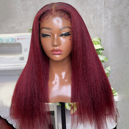99J Burgundy Red Kinky Edges 4C Hairline Straight/Kinky Straight/Curly 8x5 Pre Cut HD Lace Glueless Wig
