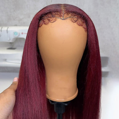 99J Burgundy Red Kinky Edges 4C Hairline Straight/Kinky Straight/Curly 8x5 Pre Cut HD Lace Glueless Wig