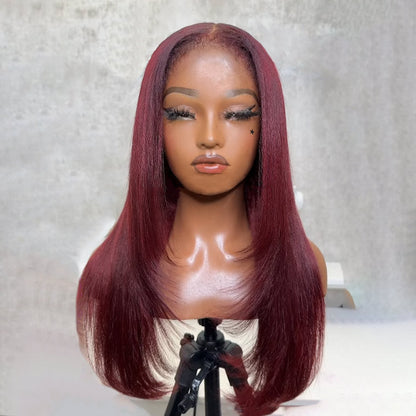 99J Burgundy Red Kinky Edges 4C Hairline Straight/Kinky Straight/Curly 8x5 Pre Cut HD Lace Glueless Wig