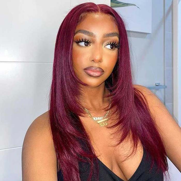 #99J Burgundy Red Layered Cut Straight Wig Skin Melt HD Lace Frontal Colored Human Hair Wigs