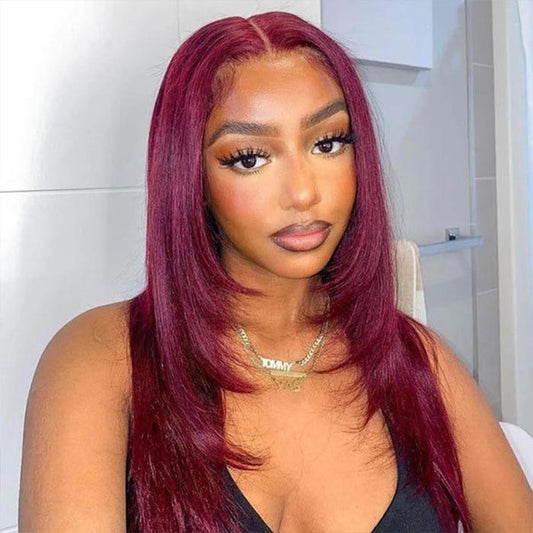 #99J Burgundy Red Layered Cut Straight Wig Skin Melt HD Lace Frontal Colored Human Hair Wigs