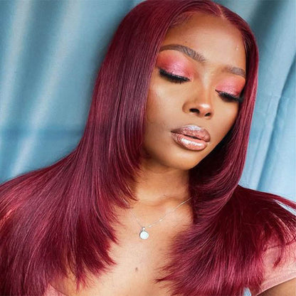 #99J Burgundy Red Layered Cut Straight Wig Skin Melt HD Lace Frontal Colored Human Hair Wigs