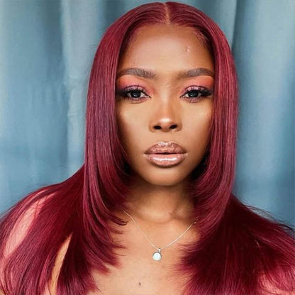 #99J Burgundy Red Layered Cut Straight Wig Skin Melt HD Lace Frontal Colored Human Hair Wigs