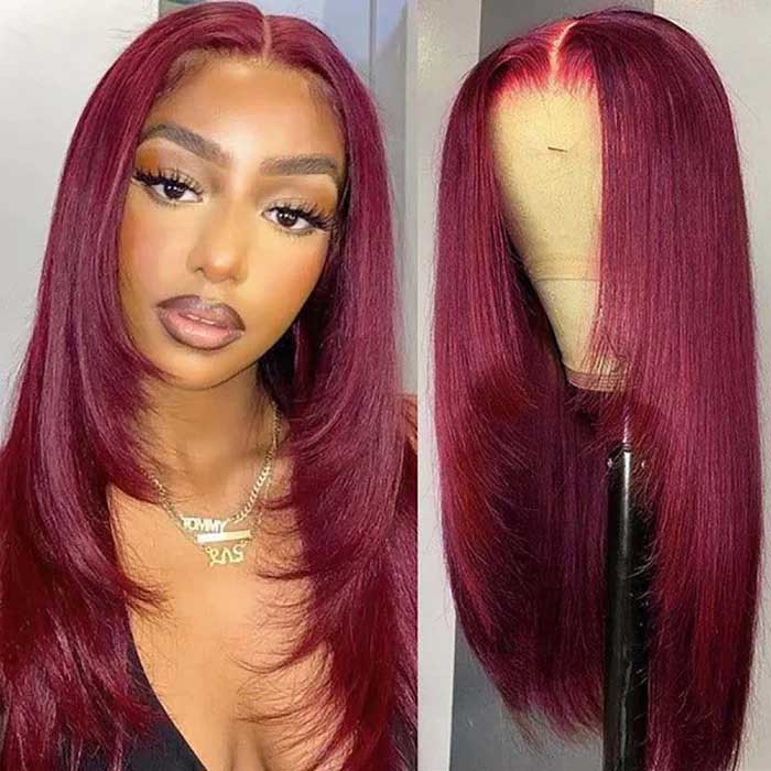 #99J Burgundy Red Layered Cut Straight Wig Skin Melt HD Lace Frontal Colored Human Hair Wigs