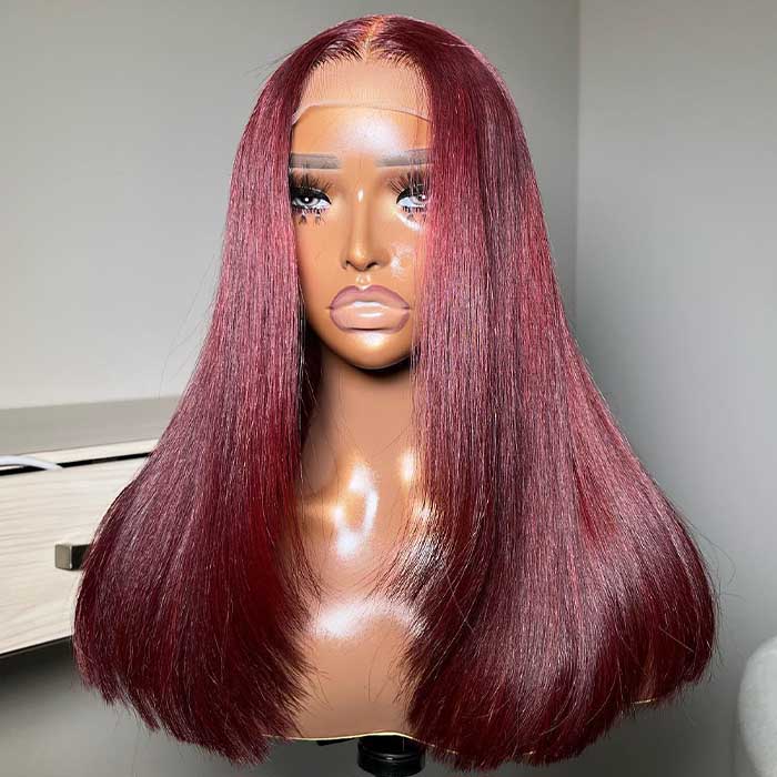 #99J Burgundy Red Layered Cut Straight Wig Skin Melt HD Lace Frontal Colored Human Hair Wigs