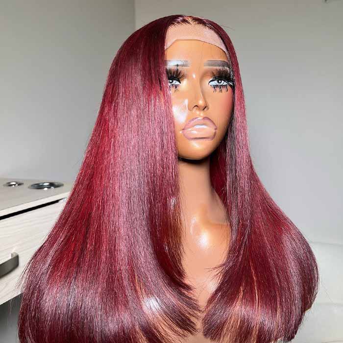 #99J Burgundy Red Layered Cut Straight Wig Skin Melt HD Lace Frontal Colored Human Hair Wigs