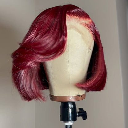 99J Burgundy Red Side Part Bangs Straight Short Bob Wig Colored HD Lace Front Human Hair Wigs