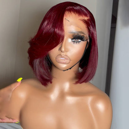 99J Burgundy Red Side Part Bangs Straight Short Bob Wig Colored HD Lace Front Human Hair Wigs