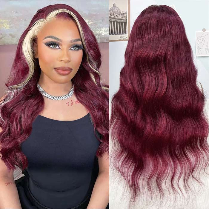 99J Burgundy Skunk Stripe Wig Highlight Blonde Body Wave 13x4 Lace Front Human Hair Wigs
