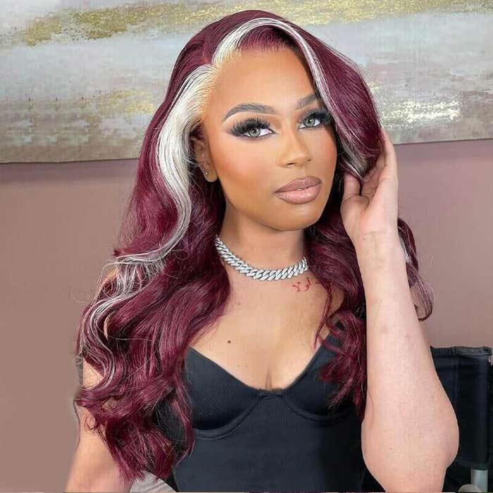99J Burgundy Skunk Stripe Wig Highlight Blonde Body Wave 13x4 Lace Front Human Hair Wigs