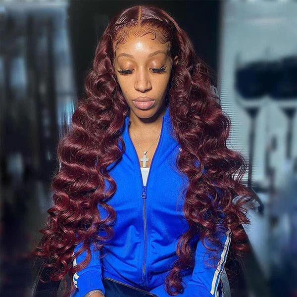 99J Loose Wave HD Lace Front Wig Natural Hairline Burgundy Red Colored Long Human Hair Wigs