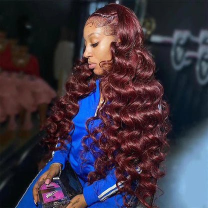 99J Loose Wave HD Lace Front Wig Natural Hairline Burgundy Red Colored Long Human Hair Wigs