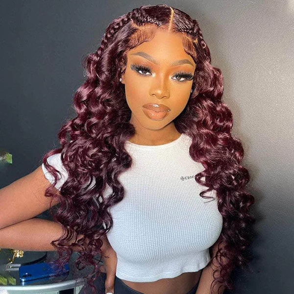 99J Loose Wave HD Lace Front Wig Natural Hairline Burgundy Red Colored Long Human Hair Wigs