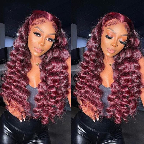 99J Loose Wave HD Lace Front Wig Natural Hairline Burgundy Red Colored Long Human Hair Wigs