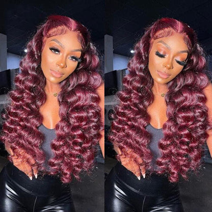 99J Loose Wave HD Lace Front Wig Natural Hairline Burgundy Red Colored Long Human Hair Wigs