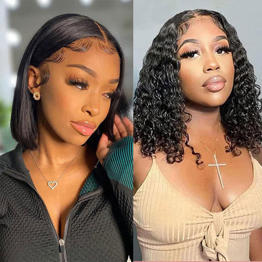 [$99 = 2 Wigs] 220% Density Straight & Curly Blunt Cut Bob Wig 4x4 HD Lace Closure Short Human Hair Wigs Special Offer