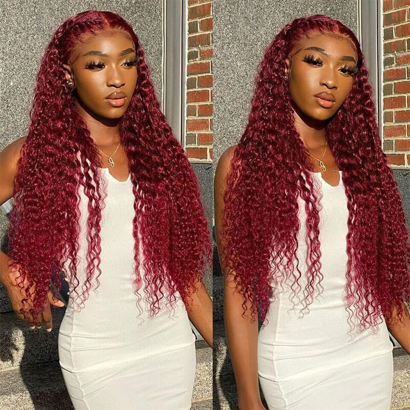 Deep Wave 4x4 HD Lace Closure Wigs Burgundy 99J Color Human Hair Wigs With Pre-plucked Hairline