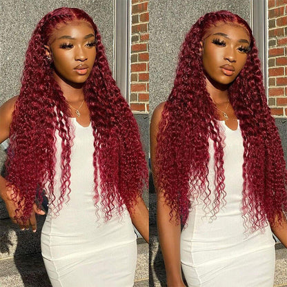 Deep Wave 4x4 HD Lace Closure Wigs Burgundy 99J Color Human Hair Wigs With Pre-plucked Hairline