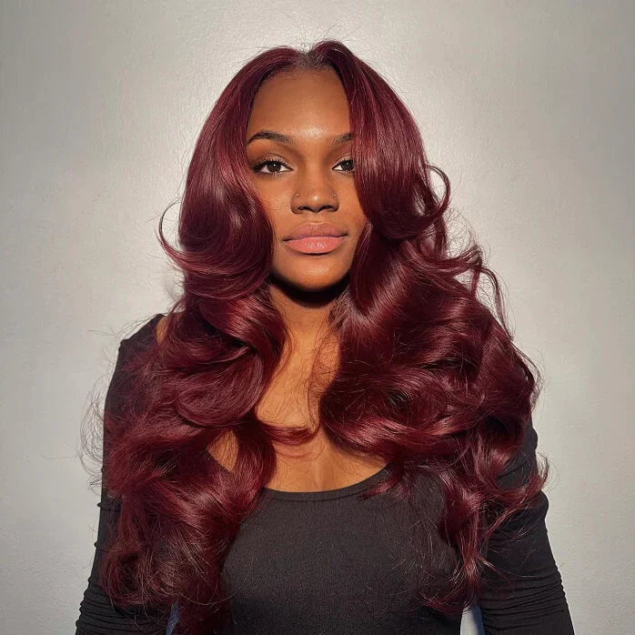 99J Burgundy Curtain Bangs Body Wave Human Hair Glueless HD Lace Wigs