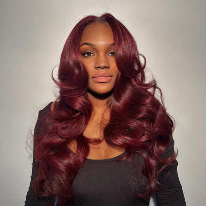 99J Burgundy Curtain Bangs Body Wave Human Hair Glueless HD Lace Wigs