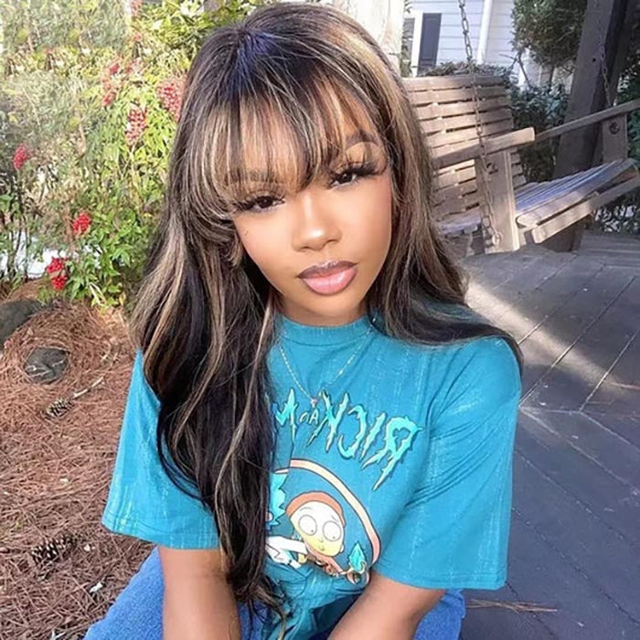 Air Bangs Body Wave Glueless Wig Fluffy 8x5 Pre Cut Lace Naural & Highlights Human Hair Wig with Bangs Special Offer