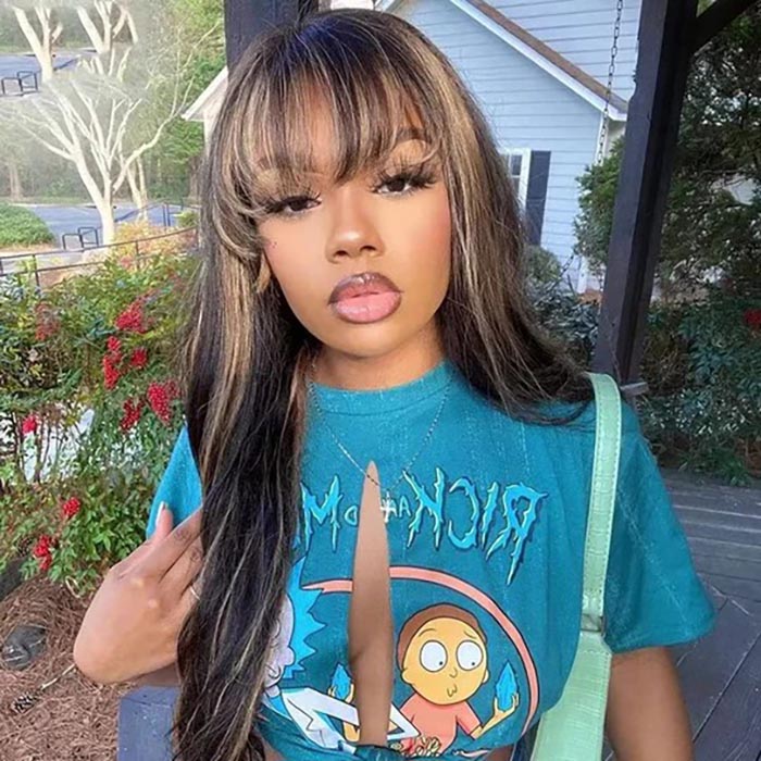 Air Bangs Body Wave Glueless Wig Fluffy 8x5 Pre Cut Lace Naural & Highlights Human Hair Wig with Bangs Special Offer