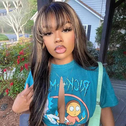 Air Bangs Body Wave Glueless Wig Fluffy 8x5 Pre Cut Lace Naural & Highlights Human Hair Wig with Bangs Special Offer