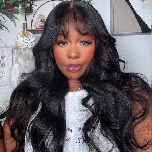 Air Bangs Body Wave Glueless Wig Fluffy 8x5 Pre Cut Lace Naural & Highlights Human Hair Wig with Bangs Special Offer
