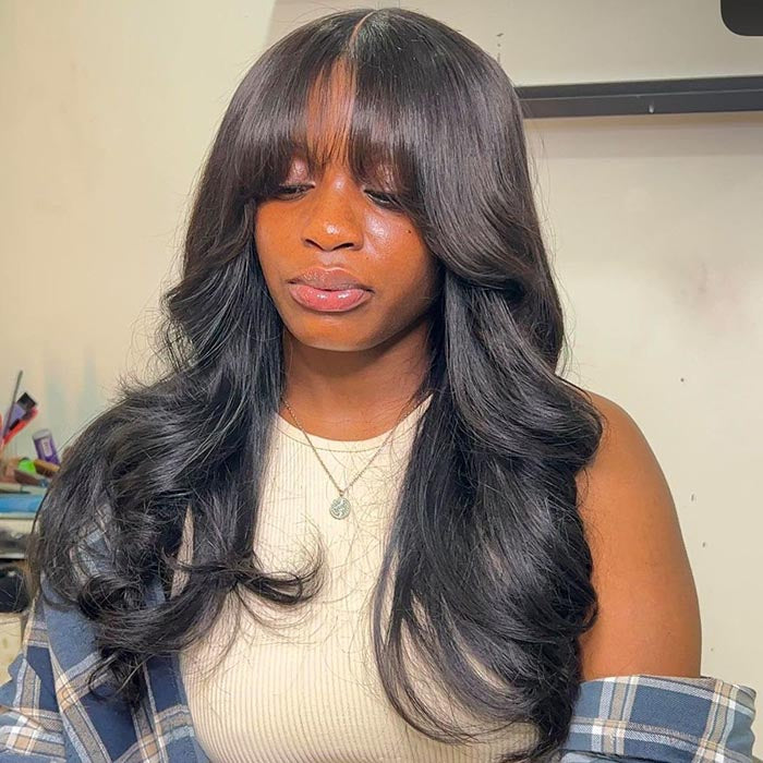 Air Bangs Body Wave Glueless Wig Fluffy 8x5 Pre Cut Lace Naural & Highlights Human Hair Wig with Bangs Special Offer