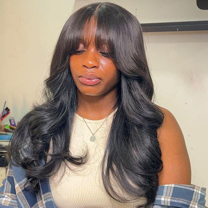 Air Bangs Body Wave Glueless Wig Fluffy 8x5 Pre Cut Lace Naural & Highlights Human Hair Wig with Bangs Special Offer