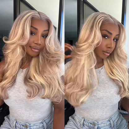 Ash Blonde Curtain Bangs Straight Glueless HD Lace Front Wig P18/613 Blonde Highlights Wig
