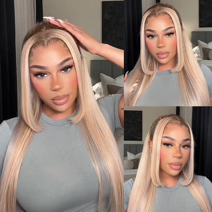 Ash Blonde Curtain Bangs Straight Glueless HD Lace Front Wig P18/613 Blonde Highlights Wig