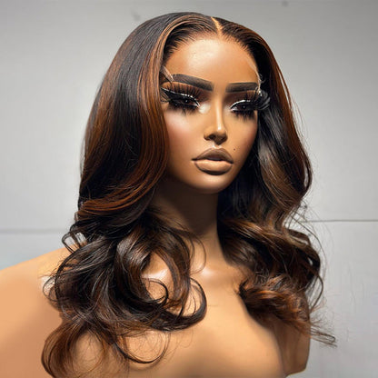 Balayage Highlight Brown Body Wave Bob Wig Blunt Cut P1B/30 Colored Short Human Hair Bob Wigs