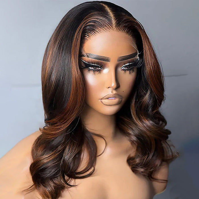 Balayage Highlight Brown Body Wave Bob Wig Blunt Cut P1B/30 Colored Short Human Hair Bob Wigs