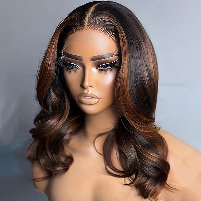 Balayage Highlight Brown Body Wave Bob Wig Blunt Cut P1B/30 Colored Short Human Hair Bob Wigs