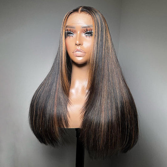 Balayage Highlight Straight Layered Cut Wig Bleached Knots P1B/30 Black & Brown Colored Human Hair Wigs