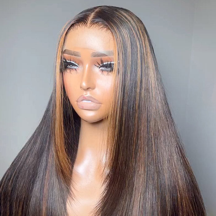 Balayage Highlight Straight Layered Cut Wig Bleached Knots P1B/30 Black & Brown Colored Human Hair Wigs