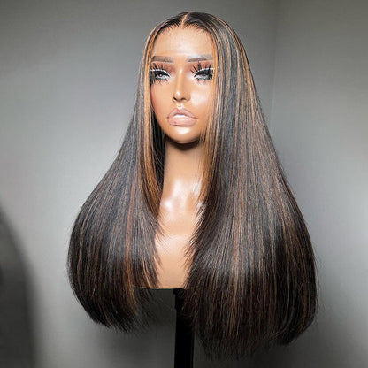 Balayage Highlight Straight Layered Cut Wig Bleached Knots P1B/30 Black & Brown Colored Human Hair Wigs