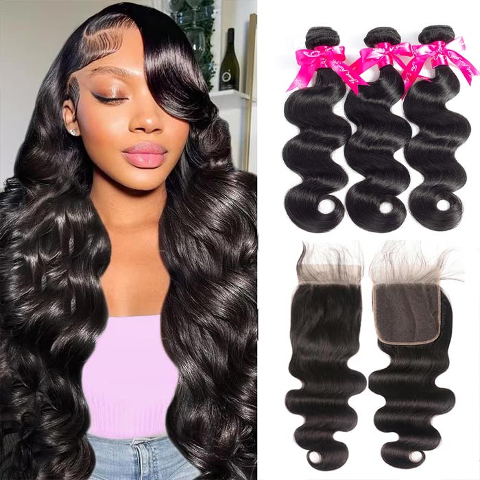 Body Wave Human Hair 3 Bundles With 4x4 Lace Closure