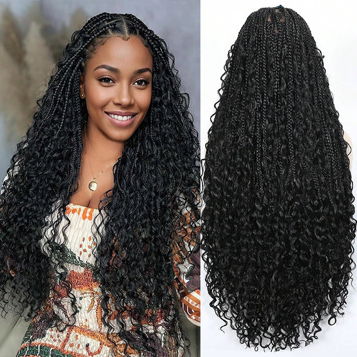 Braided Glueless Wig Drawstring Cap 13x6 HD Lace Front Knotless Boho Curls Human Hair Wigs