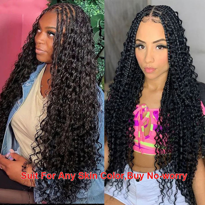 Braided Glueless Wig Drawstring Cap 13x6 HD Lace Front Knotless Boho Curls Human Hair Wigs