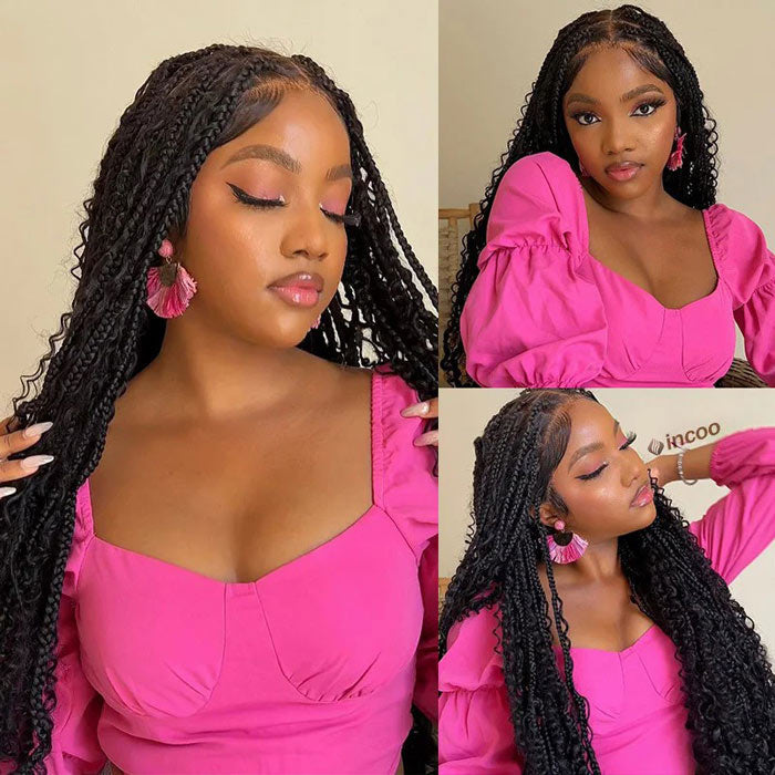 Braided Glueless Wig Drawstring Cap 13x6 HD Lace Front Knotless Boho Curls Human Hair Wigs