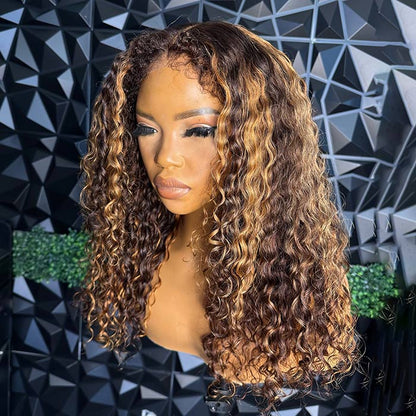 Brown Blonde Highlights Deep Wave 4C Edges Hairline Glueless Wig P4/27 Balayage Mix Color Human Hair Wigs