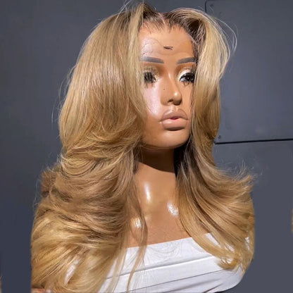 Butterfly Haircut Curtain Bangs Wig T4/27 Dark Roots Ombre Blonde Body Wave HD Lace Layered Cut Wig