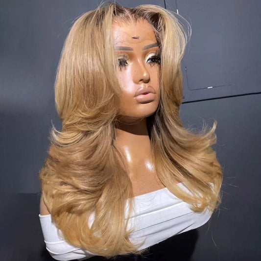 Butterfly Haircut Curtain Bangs Wig T4/27 Dark Roots Ombre Blonde Body Wave HD Lace Layered Cut Wig