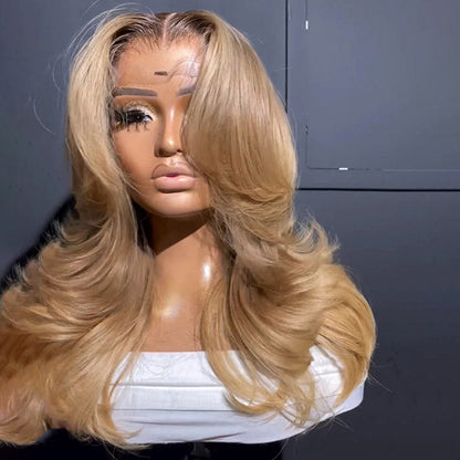 Butterfly Haircut Curtain Bangs Wig T4/27 Dark Roots Ombre Blonde Body Wave HD Lace Layered Cut Wig