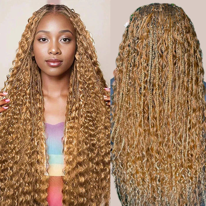 Cameral Blonde Color Boho Box Braided Wig Glueless 13x6 Full Lace Knotless Braids Wig with Curls