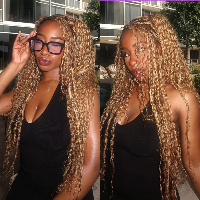 Cameral Blonde Color Boho Box Braided Wig Glueless 13x6 Full Lace Knotless Braids Wig with Curls