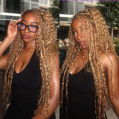 Cameral Blonde Color Boho Box Braided Wig Glueless 13x6 Full Lace Knotless Braids Wig with Curls