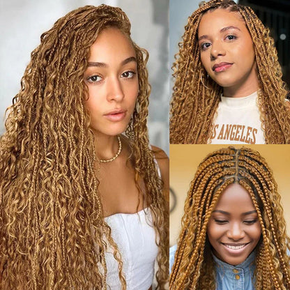 Cameral Blonde Color Boho Box Braided Wig Glueless 13x6 Full Lace Knotless Braids Wig with Curls